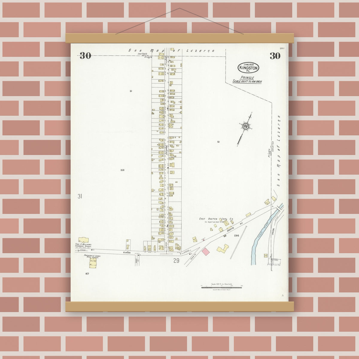 Old map wall art mockup — magnetic wood frame on brick wall — Sanborn Fire Insurance Map from Kingston, Luzerne County, Pennsylvania (1925), Sheet #0030