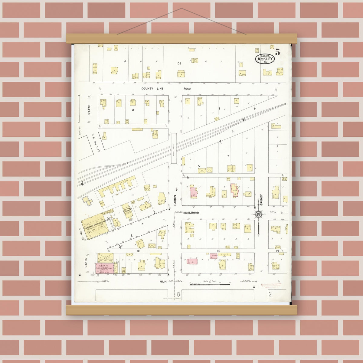 Old map wall art mockup — magnetic wood frame on brick wall — Sanborn Fire Insurance Map from Ackley, Hardin and Franklin Counties, Iowa (1916), Sheet #0005