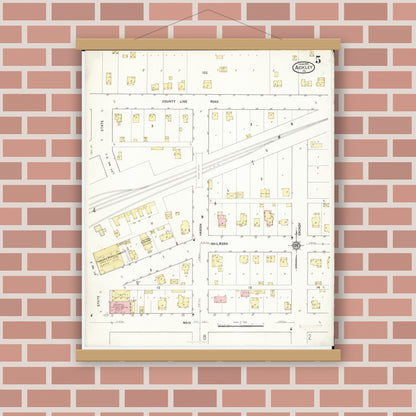Old map wall art mockup — magnetic wood frame on brick wall — Sanborn Fire Insurance Map from Ackley, Hardin and Franklin Counties, Iowa (1916), Sheet #0005