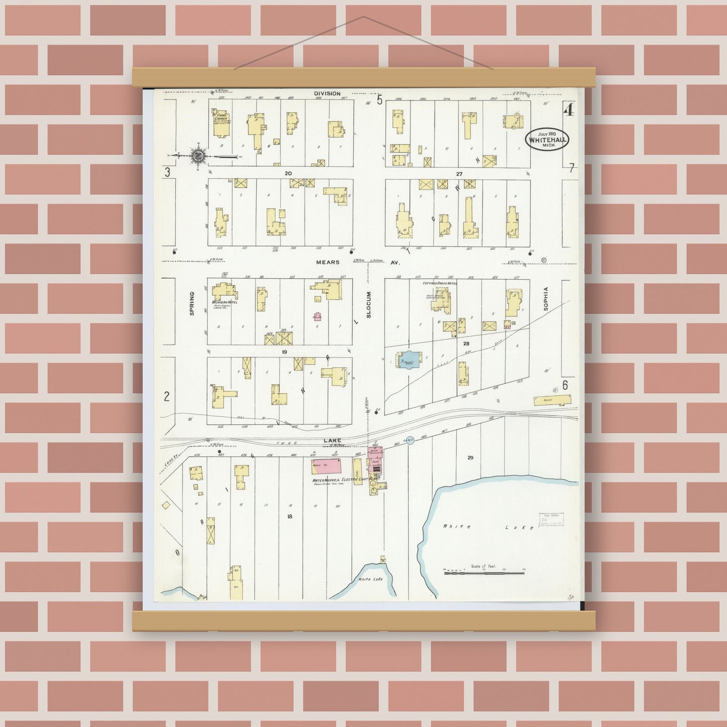 Old map wall art mockup — magnetic wood frame on brick wall — Sanborn Fire Insurance Map from Whitehall, Muskegon County, Michigan (1910), Sheet #0004