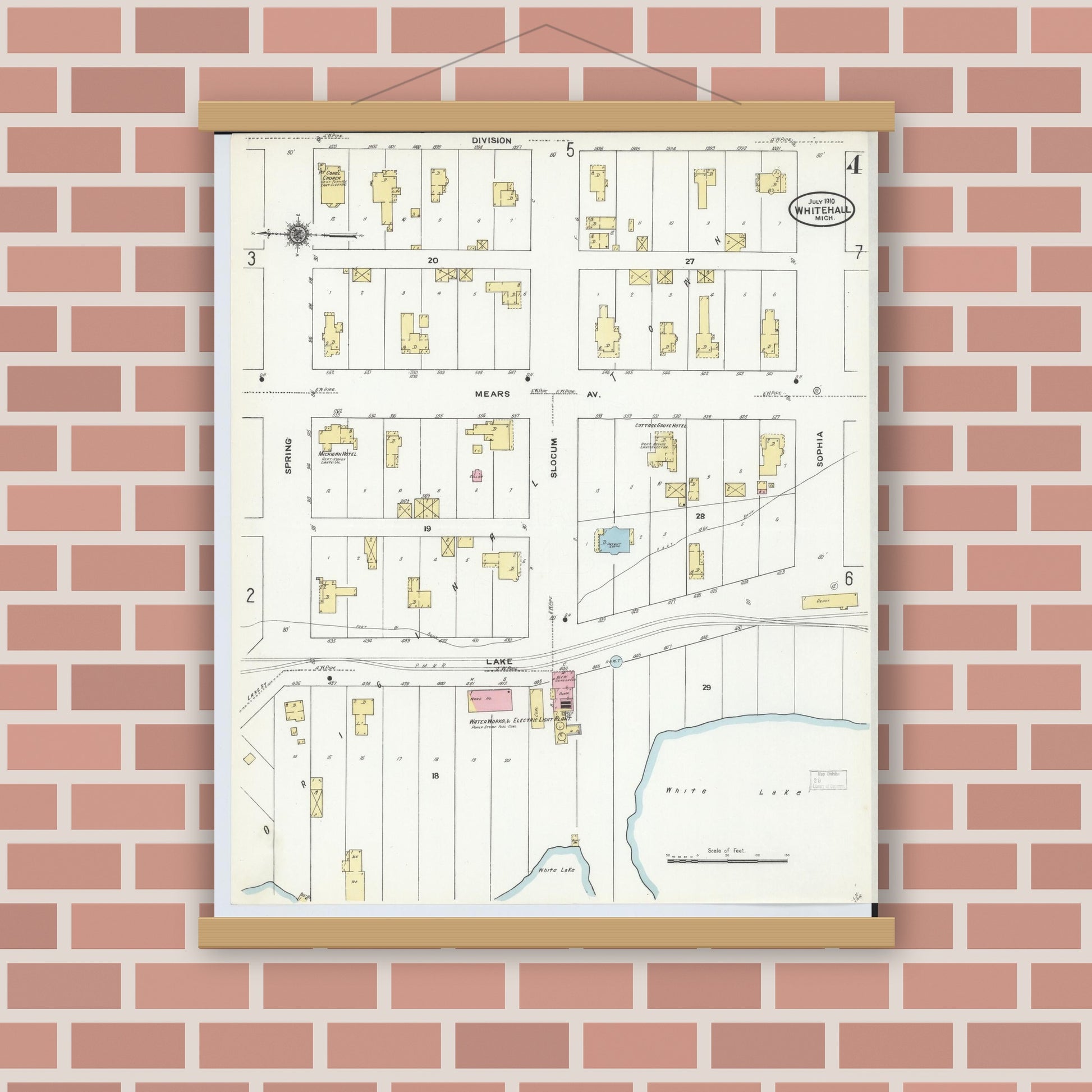 Old map wall art mockup — magnetic wood frame on brick wall — Sanborn Fire Insurance Map from Whitehall, Muskegon County, Michigan (1910), Sheet #0004