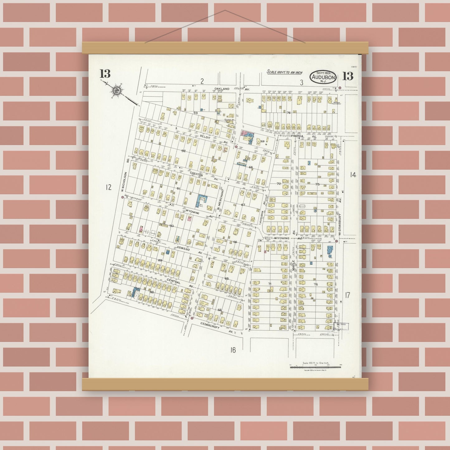 Old map wall art mockup — magnetic wood frame on brick wall — Sanborn Fire Insurance Map from Audubon, Camden County, New Jersey (1924), Sheet #0013