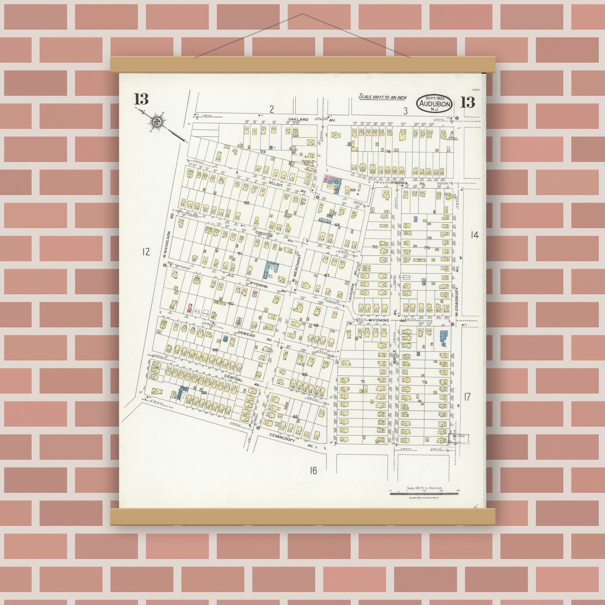 Old map wall art mockup — magnetic wood frame on brick wall — Sanborn Fire Insurance Map from Audubon, Camden County, New Jersey (1924), Sheet #0013