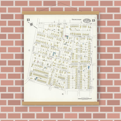 Old map wall art mockup — magnetic wood frame on brick wall — Sanborn Fire Insurance Map from Audubon, Camden County, New Jersey (1924), Sheet #0013