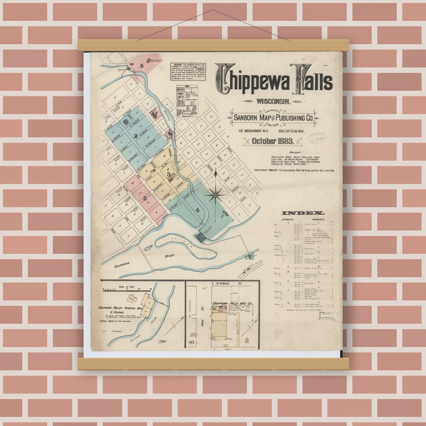 Old map wall art mockup — magnetic wood frame on brick wall — Sanborn Fire Insurance Map from Chippewa Falls, Chippewa County, Wisconsin (1883) - Complete Map Set