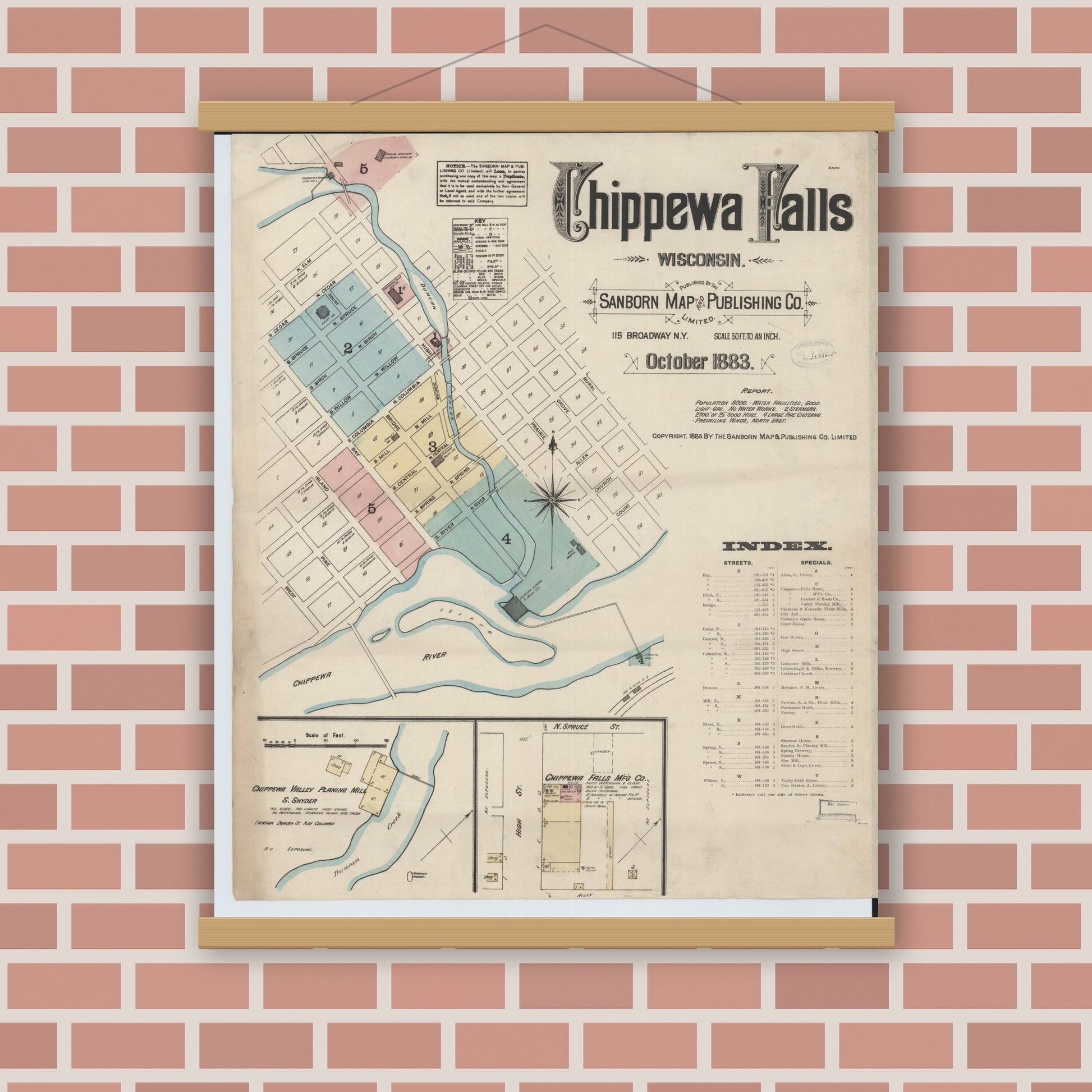 Old map wall art mockup — magnetic wood frame on brick wall — Sanborn Fire Insurance Map from Chippewa Falls, Chippewa County, Wisconsin (1883) - Complete Map Set