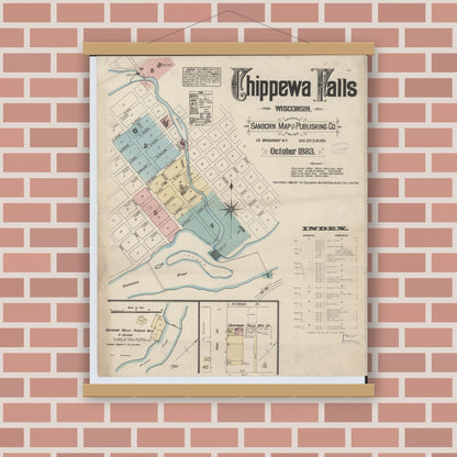 Old map wall art mockup — magnetic wood frame on brick wall — Sanborn Fire Insurance Map from Chippewa Falls, Chippewa County, Wisconsin (1883) - Complete Map Set
