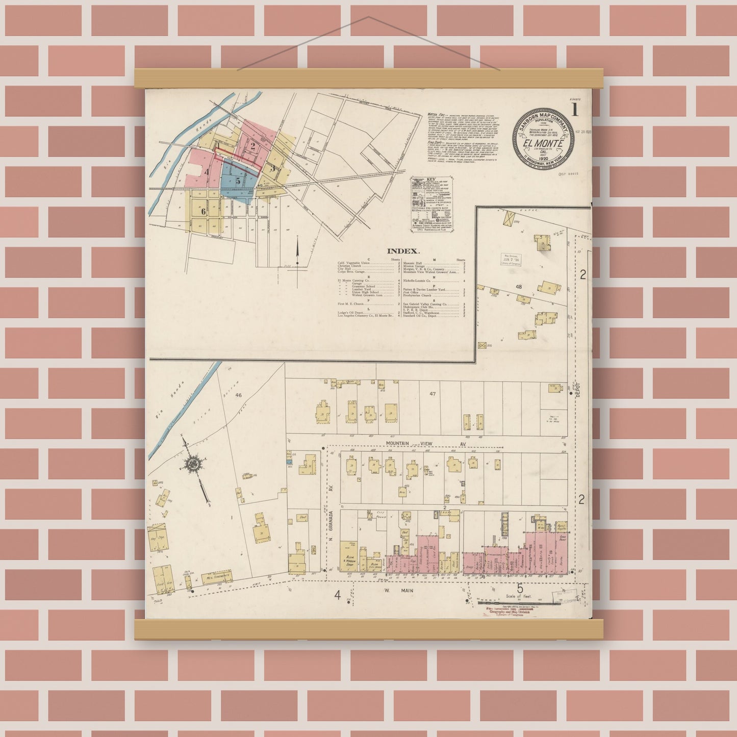 Old map wall art mockup — magnetic wood frame on brick wall — Sanborn Fire Insurance Map from El Monte, Los Angeles County, California (1920) - Complete Map Set