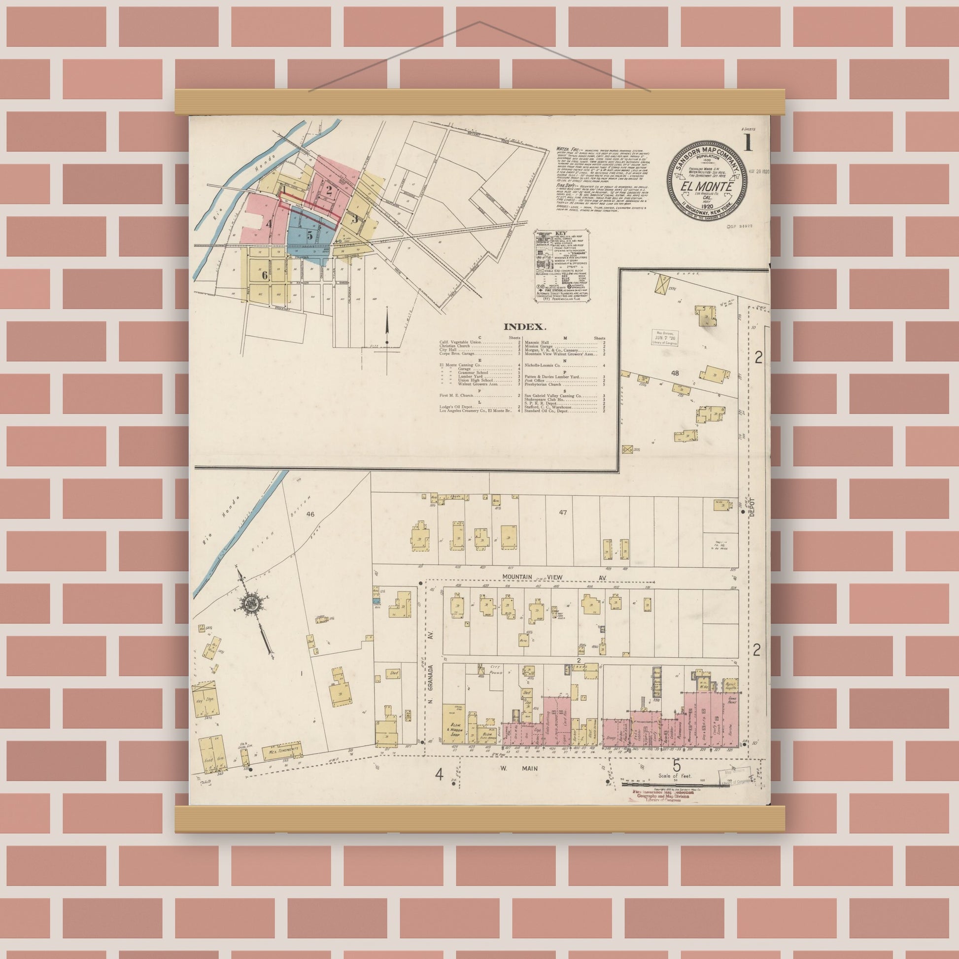 Old map wall art mockup — magnetic wood frame on brick wall — Sanborn Fire Insurance Map from El Monte, Los Angeles County, California (1920) - Complete Map Set