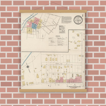 Old map wall art mockup — magnetic wood frame on brick wall — Sanborn Fire Insurance Map from El Monte, Los Angeles County, California (1920) - Complete Map Set