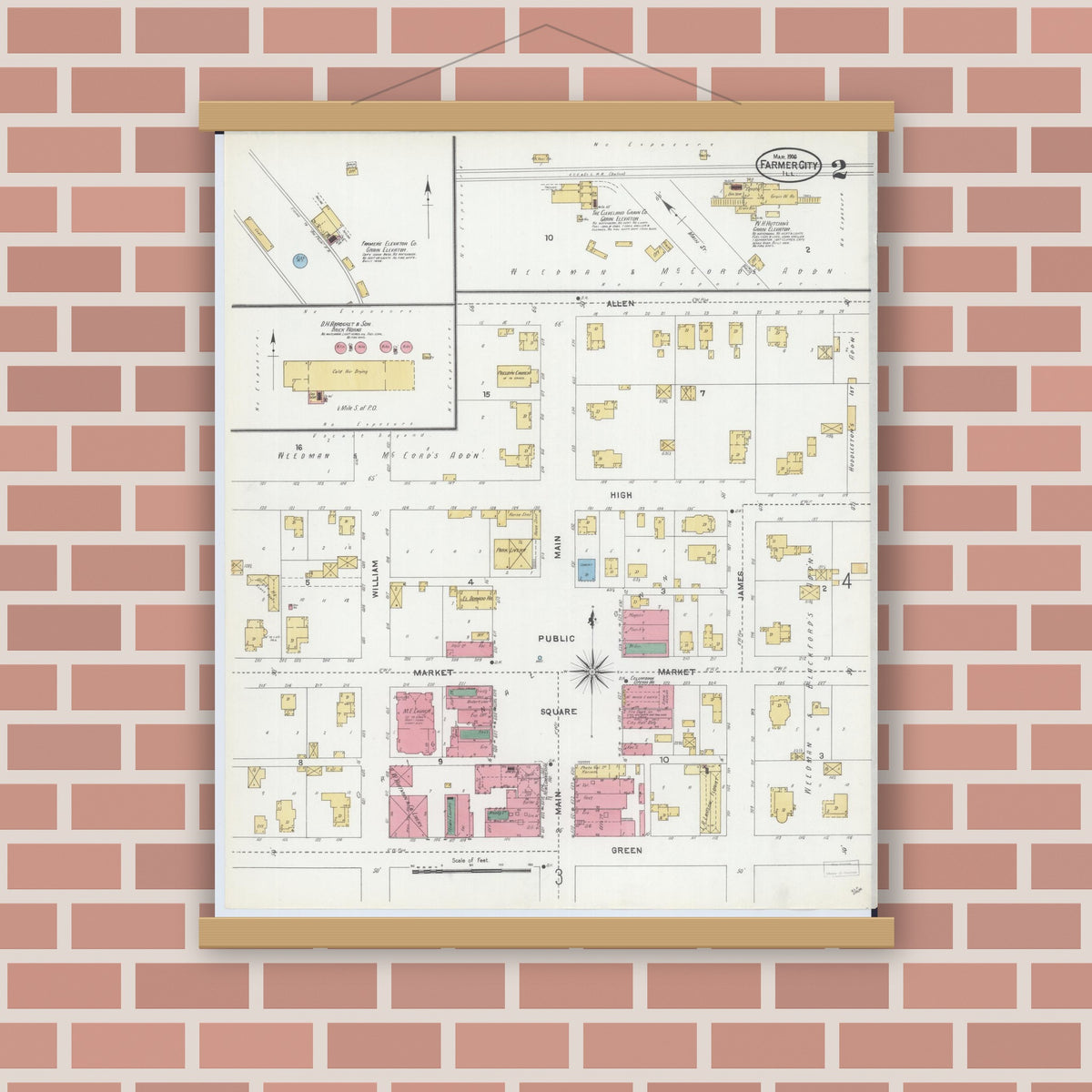 Old map wall art mockup — magnetic wood frame on brick wall — Sanborn Fire Insurance Map from Farmer City, De Witt County, Illinois (1906), Sheet #0002