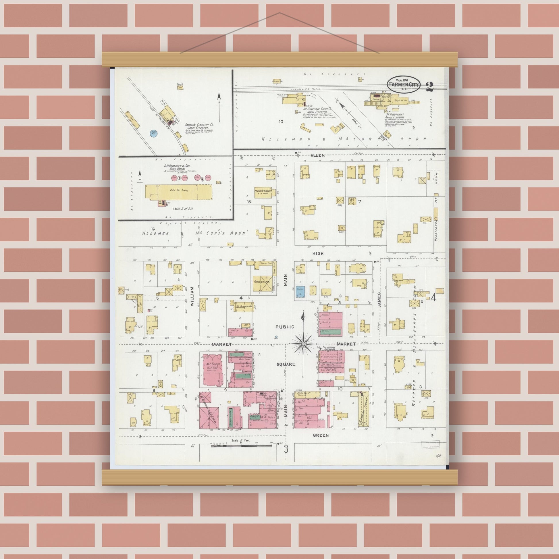 Old map wall art mockup — magnetic wood frame on brick wall — Sanborn Fire Insurance Map from Farmer City, De Witt County, Illinois (1906), Sheet #0002