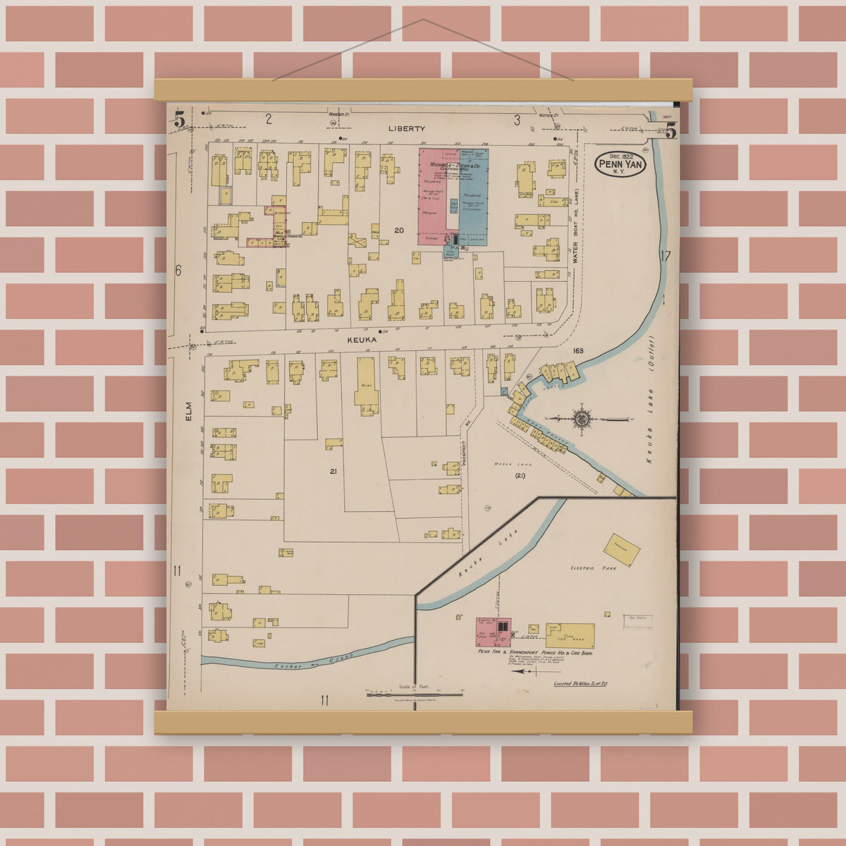 Old map wall art mockup — magnetic wood frame on brick wall — Sanborn Fire Insurance Map from Penn Yan, Yates County, New York (1922), Sheet #0005