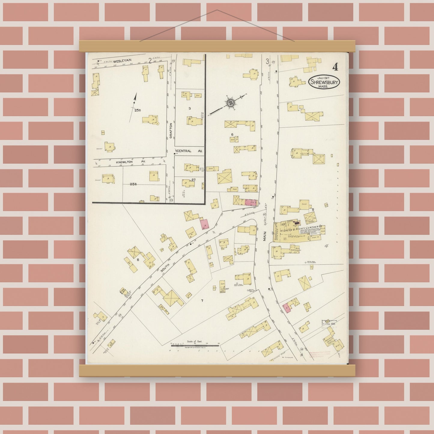Old map wall art mockup — magnetic wood frame on brick wall — Sanborn Fire Insurance Map from Shrewsbury, Worcester County, Massachusetts (1917), Sheet #0004