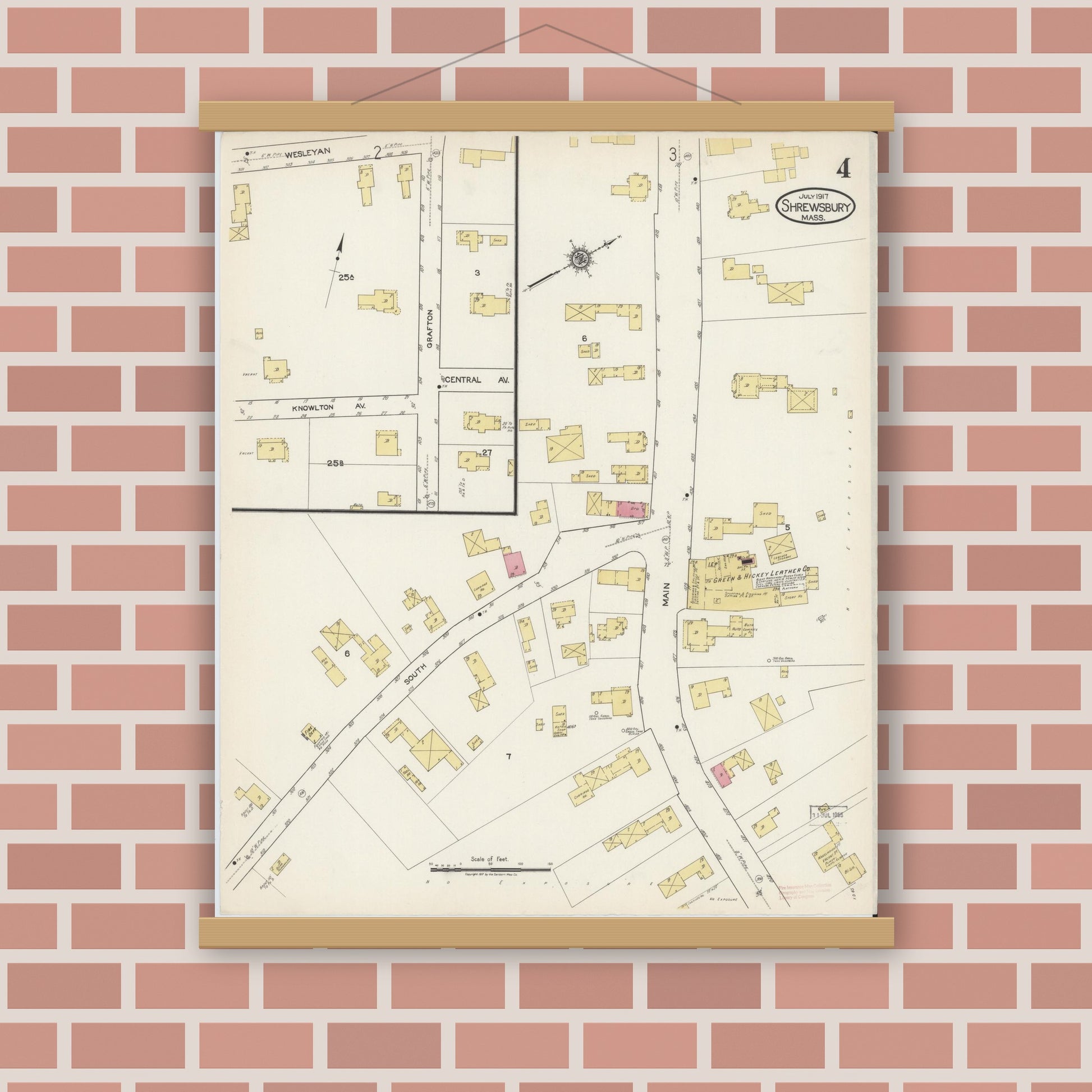 Old map wall art mockup — magnetic wood frame on brick wall — Sanborn Fire Insurance Map from Shrewsbury, Worcester County, Massachusetts (1917), Sheet #0004