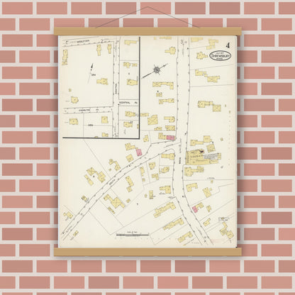 Old map wall art mockup — magnetic wood frame on brick wall — Sanborn Fire Insurance Map from Shrewsbury, Worcester County, Massachusetts (1917), Sheet #0004