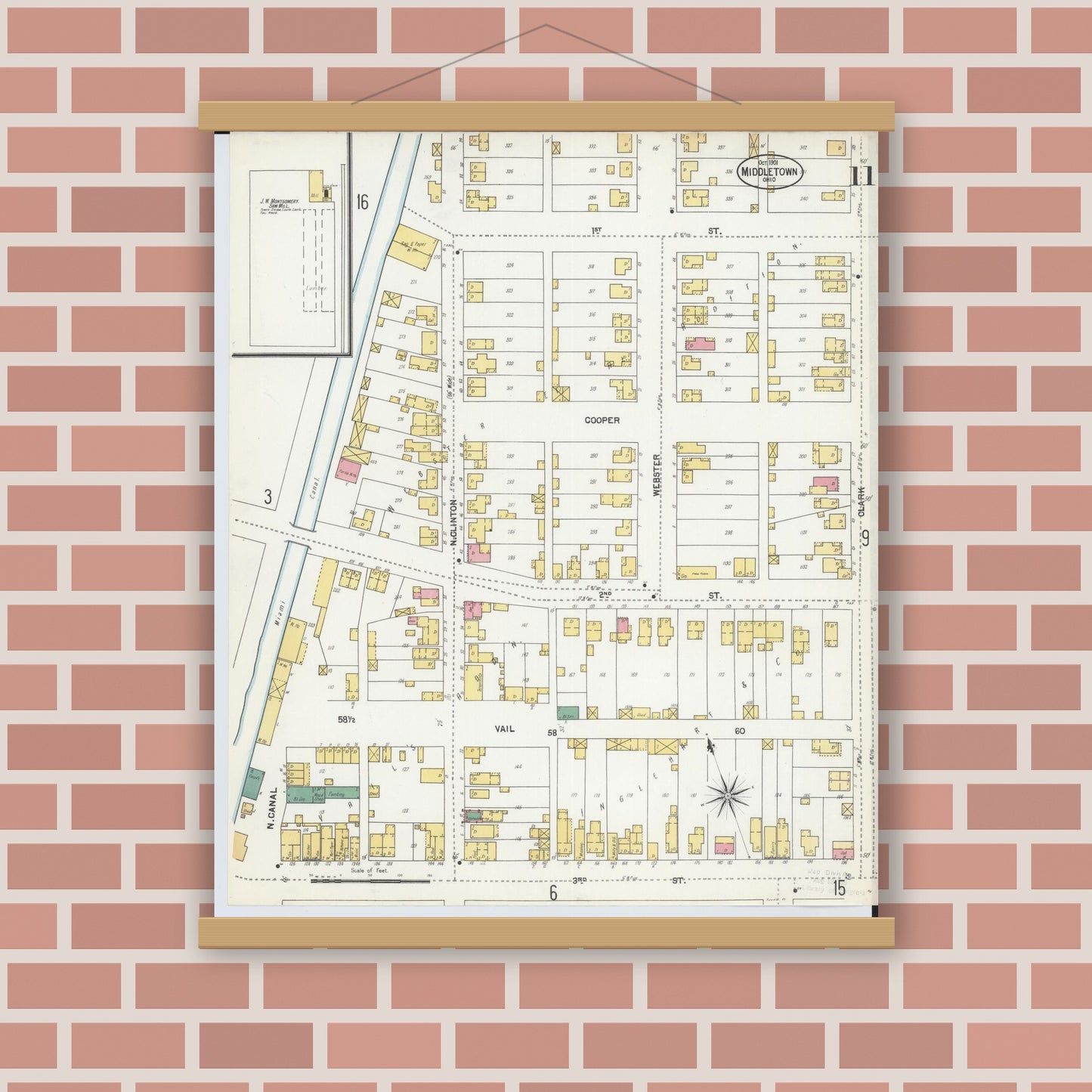 Old map wall art mockup — magnetic wood frame on brick wall — Sanborn Fire Insurance Map from Middletown, Butler County, Ohio (1901), Sheet #0011