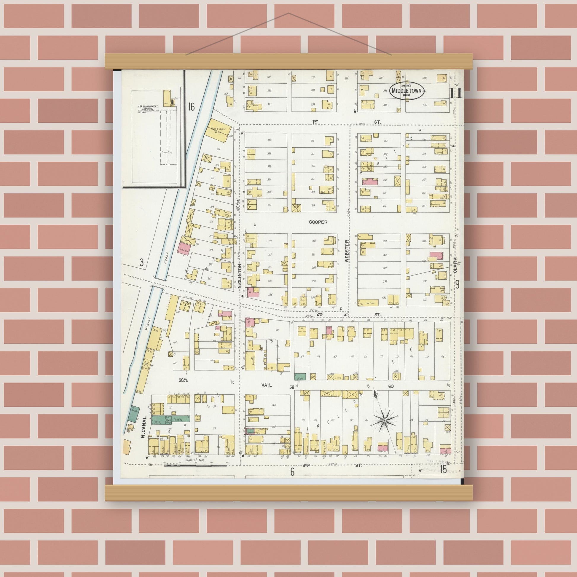 Old map wall art mockup — magnetic wood frame on brick wall — Sanborn Fire Insurance Map from Middletown, Butler County, Ohio (1901), Sheet #0011