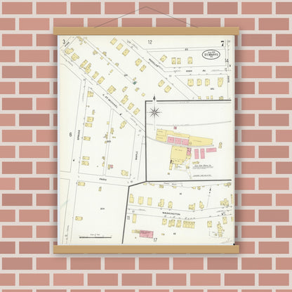 Old map wall art mockup — magnetic wood frame on brick wall — Sanborn Fire Insurance Map from Saint Marys, Elk County, Pennsylvania (1909), Sheet #0007