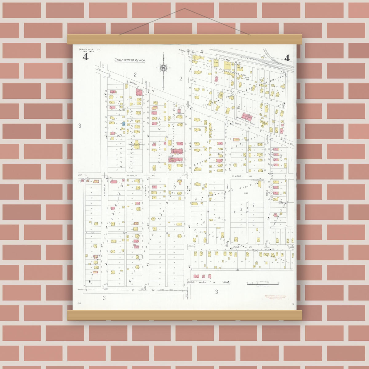 Old map wall art mockup — magnetic wood frame on brick wall — Sanborn Fire Insurance Map from Bensenville, Dupage County, Illinois (1933), Sheet #0004