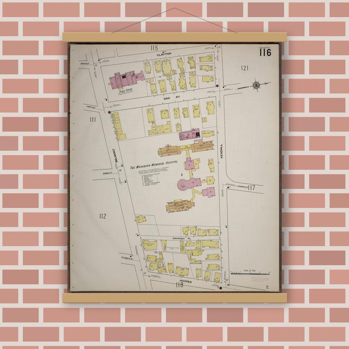 Old map wall art mockup — magnetic wood frame on brick wall — Sanborn Fire Insurance Map from Worcester, Worcester County, Massachusetts (1910), Sheet #0116