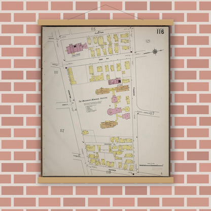 Old map wall art mockup — magnetic wood frame on brick wall — Sanborn Fire Insurance Map from Worcester, Worcester County, Massachusetts (1910), Sheet #0116