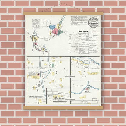 Old map wall art mockup — magnetic wood frame on brick wall — Sanborn Fire Insurance Map from Ashburnham, Worcester County, Massachusetts (1909), Sheet #0001