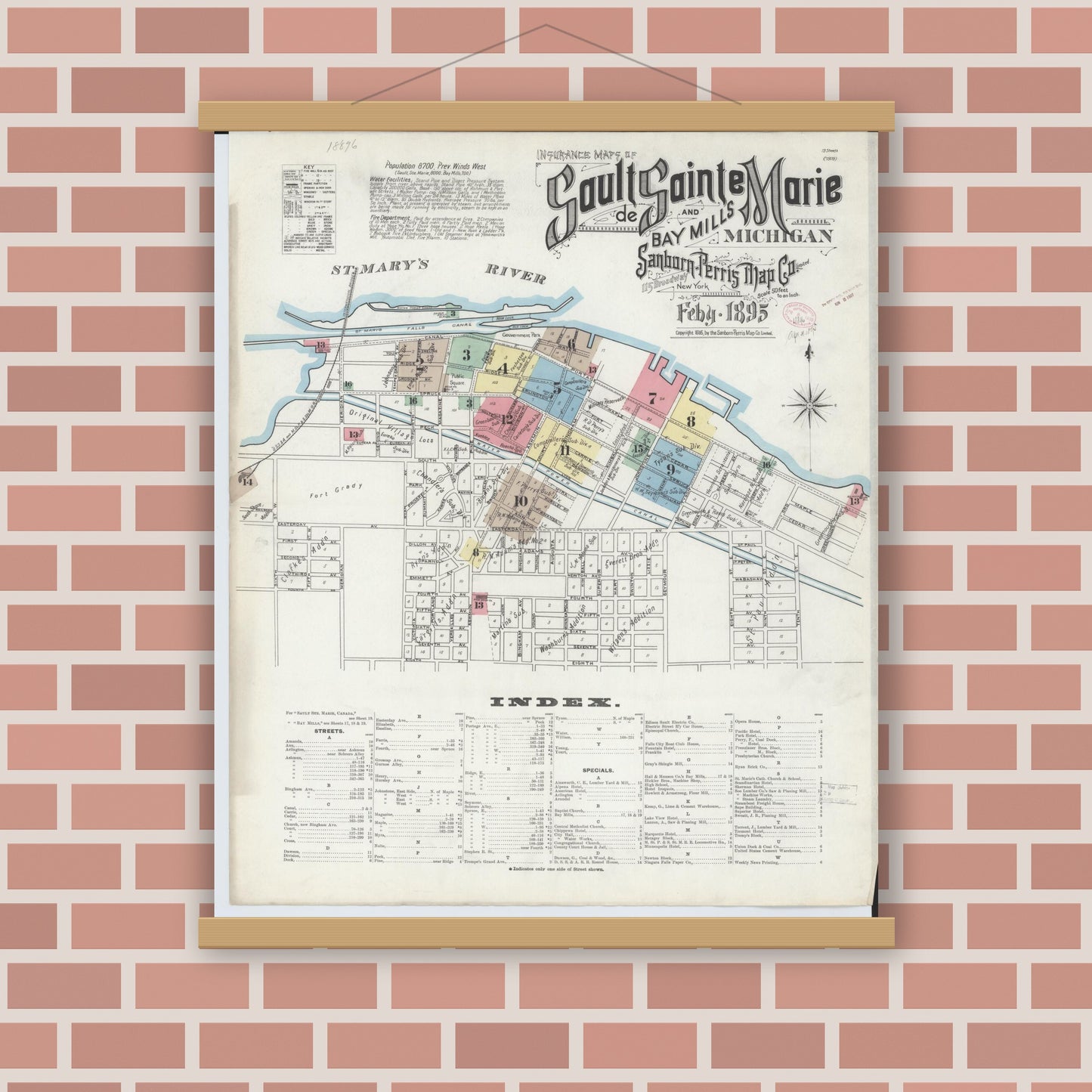 Old map wall art mockup — magnetic wood frame on brick wall — Sanborn Fire Insurance Map from Sault Sainte Marie, Chippewa County, Michigan (1895) - Complete Map Set