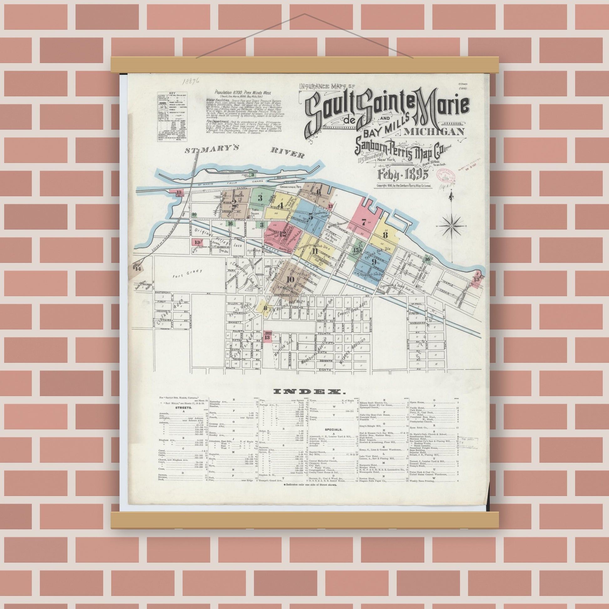 Old map wall art mockup — magnetic wood frame on brick wall — Sanborn Fire Insurance Map from Sault Sainte Marie, Chippewa County, Michigan (1895) - Complete Map Set