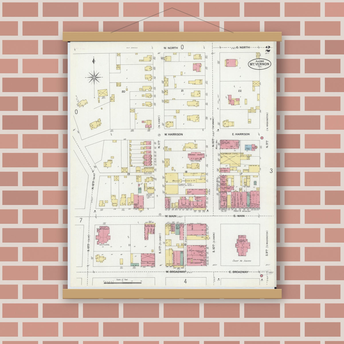 Old map wall art mockup — magnetic wood frame on brick wall — Sanborn Fire Insurance Map from Mount Vernon, Jefferson County, Illinois (1902), Sheet #0002