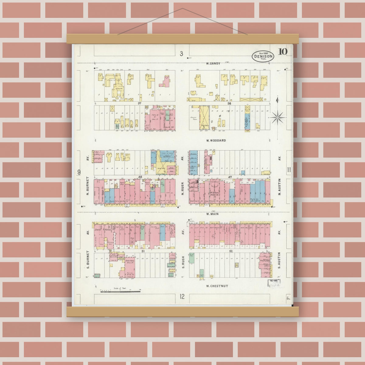 Old map wall art mockup — magnetic wood frame on brick wall — Sanborn Fire Insurance Map from Denison, Grayson County, Texas (1897), Sheet #0010