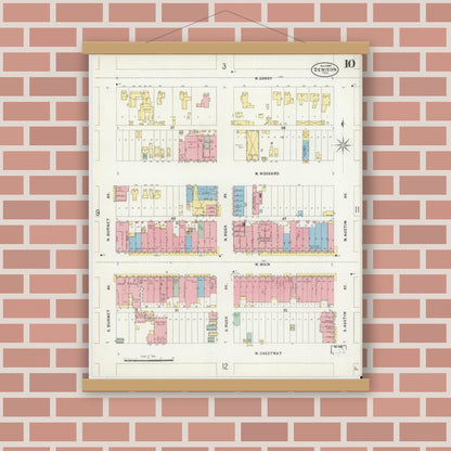Old map wall art mockup — magnetic wood frame on brick wall — Sanborn Fire Insurance Map from Denison, Grayson County, Texas (1897), Sheet #0010
