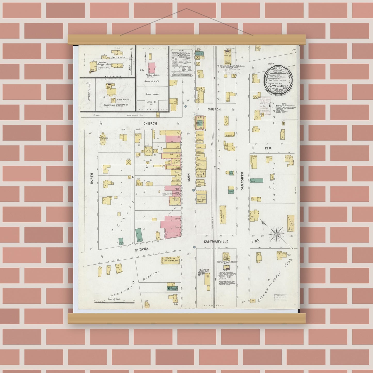 Old map wall art mockup — magnetic wood frame on brick wall — Sanborn Fire Insurance Map from Coopersville, Ottawa County, Michigan (1900), Sheet #0001