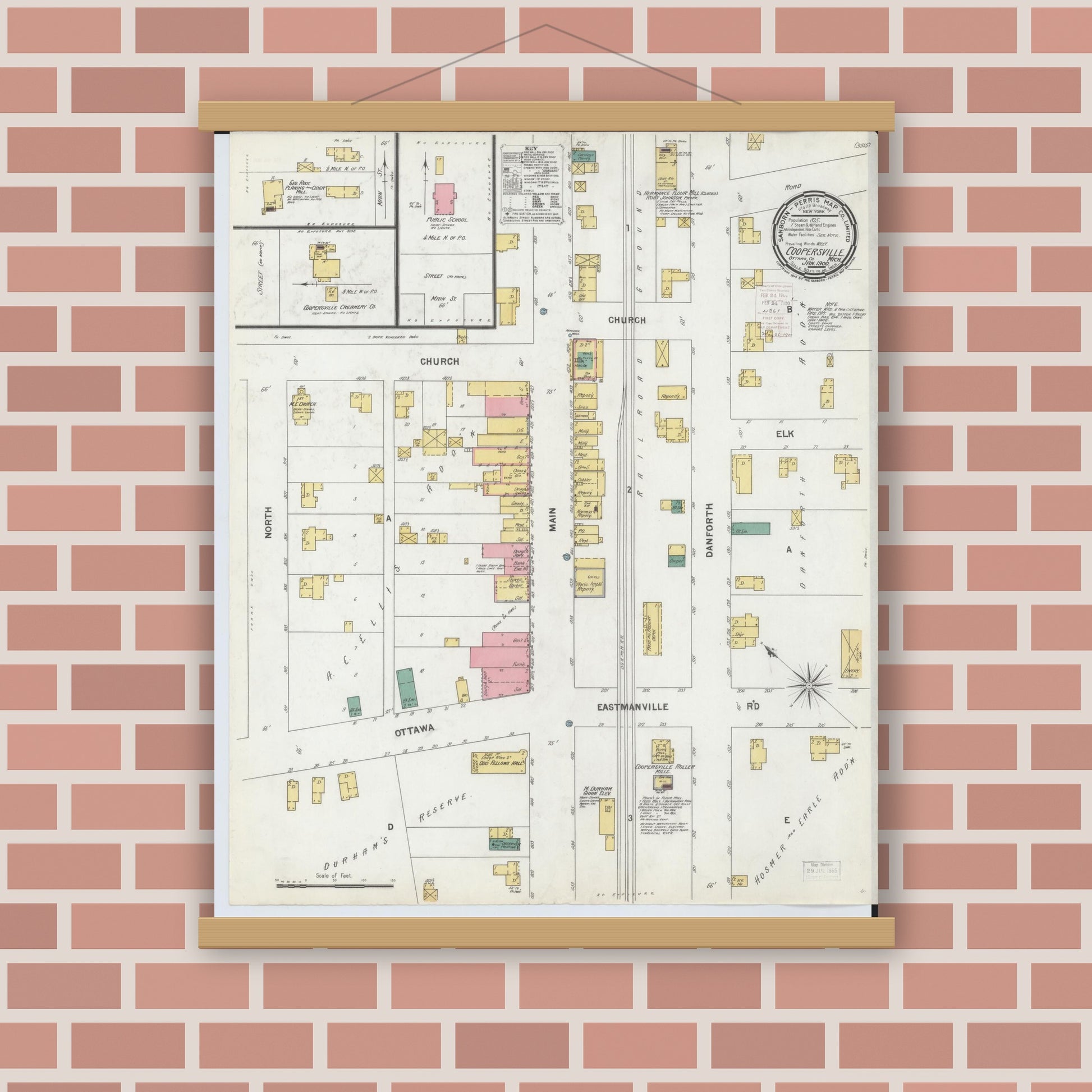 Old map wall art mockup — magnetic wood frame on brick wall — Sanborn Fire Insurance Map from Coopersville, Ottawa County, Michigan (1900), Sheet #0001