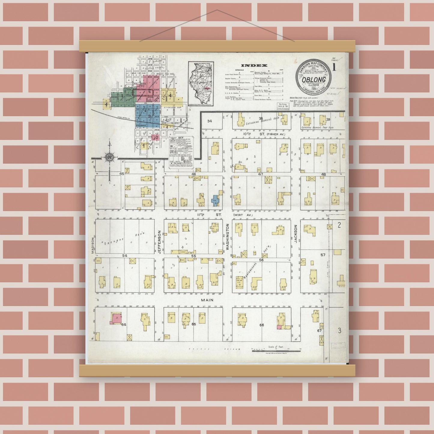 Old map wall art mockup — magnetic wood frame on brick wall — Sanborn Fire Insurance Map from Oblong, Crawford County, Illinois (1920) - Complete Map Set
