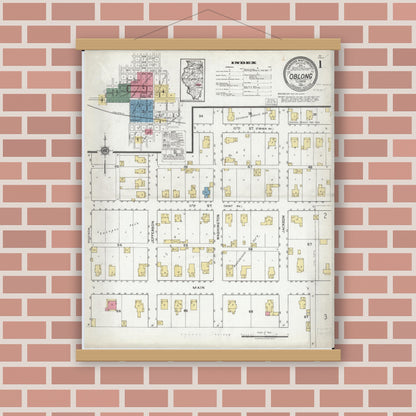 Old map wall art mockup — magnetic wood frame on brick wall — Sanborn Fire Insurance Map from Oblong, Crawford County, Illinois (1920) - Complete Map Set