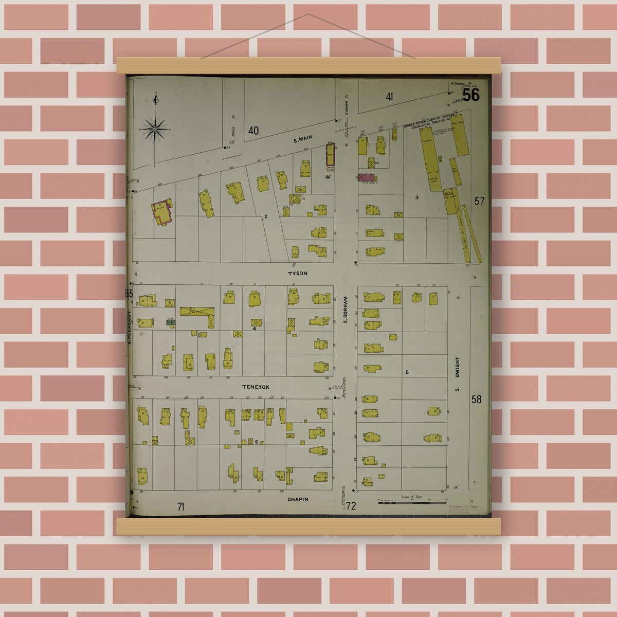 Old map wall art mockup — magnetic wood frame on brick wall — Sanborn Fire Insurance Map from Jackson, Jackson County, Michigan (1907), Sheet #0056