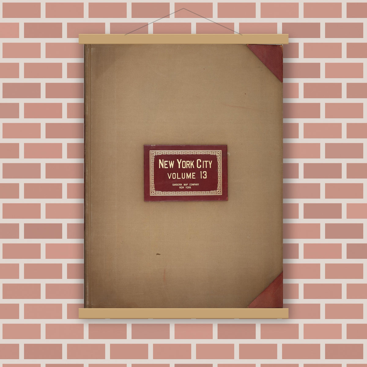 Old map wall art mockup — magnetic wood frame on brick wall — Sanborn Fire Insurance Map from New York, Bronx, Manhattan, New York (1950), Sheet #0001