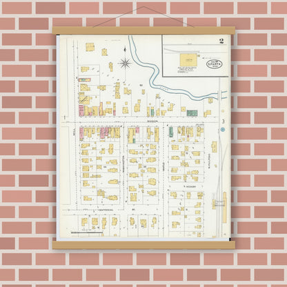 Old map wall art mockup — magnetic wood frame on brick wall — Sanborn Fire Insurance Map from Sparta, Kent County, Michigan (1904), Sheet #0002