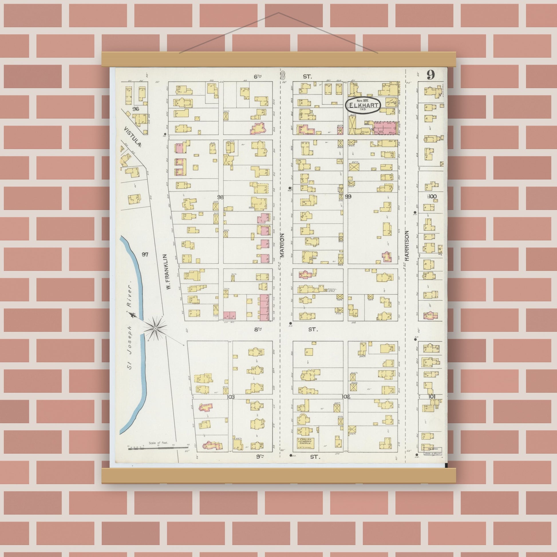 Old map wall art mockup — magnetic wood frame on brick wall — Sanborn Fire Insurance Map from Elkhart, Elkhart County, Indiana (1892), Sheet #0009