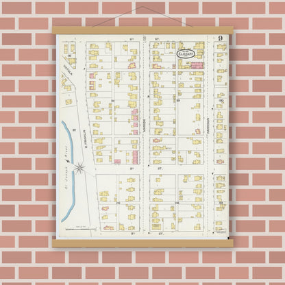 Old map wall art mockup — magnetic wood frame on brick wall — Sanborn Fire Insurance Map from Elkhart, Elkhart County, Indiana (1892), Sheet #0009