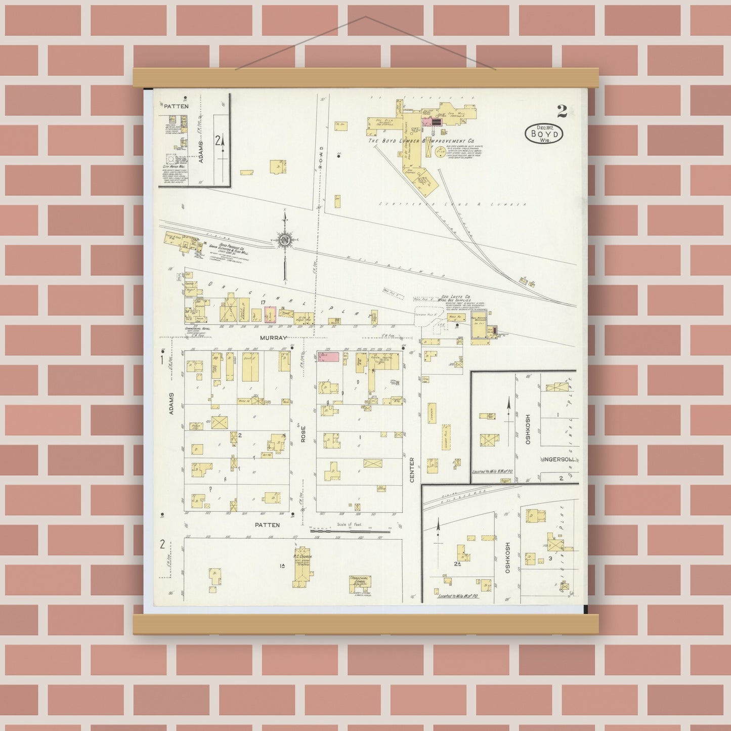 Old map wall art mockup — magnetic wood frame on brick wall — Sanborn Fire Insurance Map from Boyd, Chippewa County, Wisconsin (1912), Sheet #0002