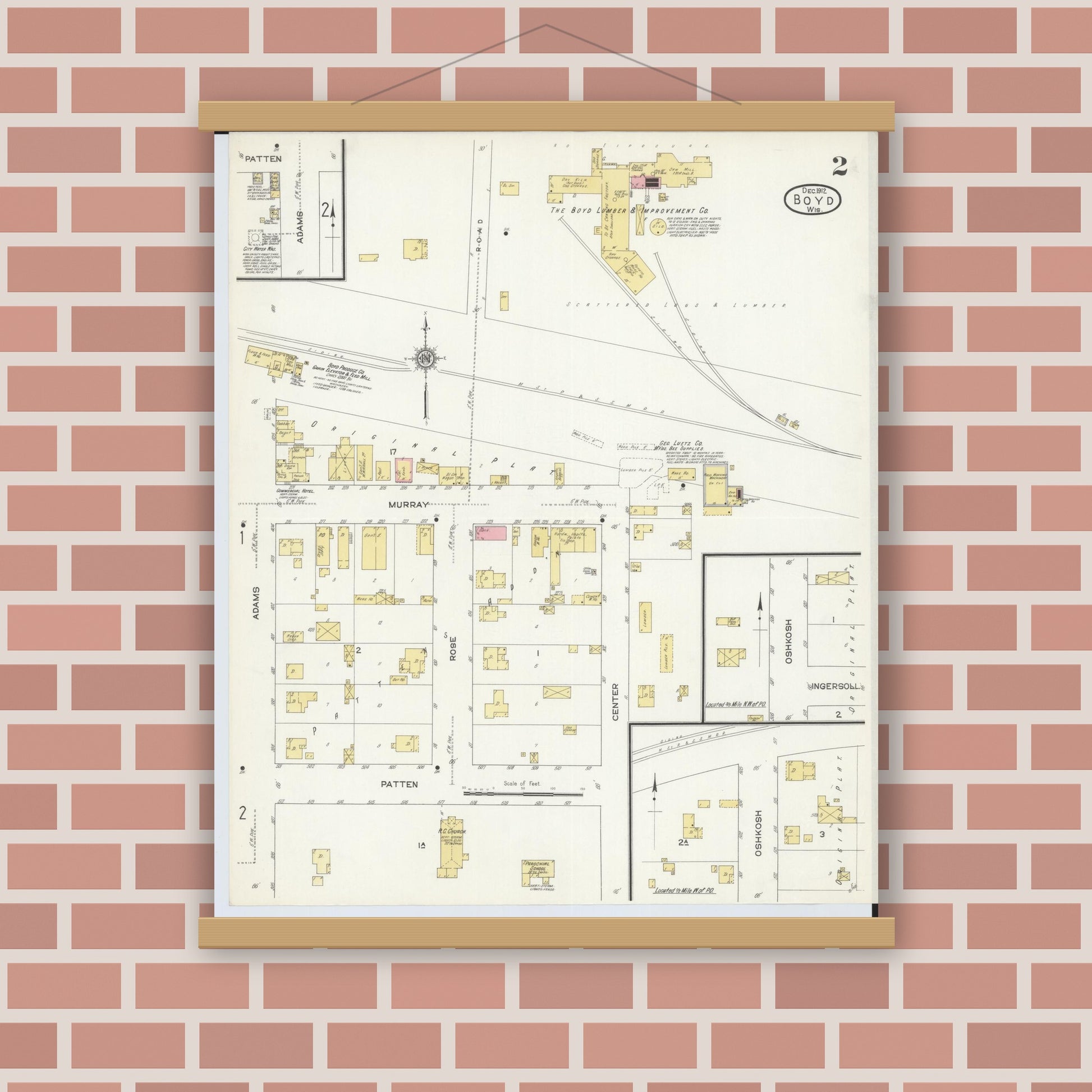 Old map wall art mockup — magnetic wood frame on brick wall — Sanborn Fire Insurance Map from Boyd, Chippewa County, Wisconsin (1912), Sheet #0002