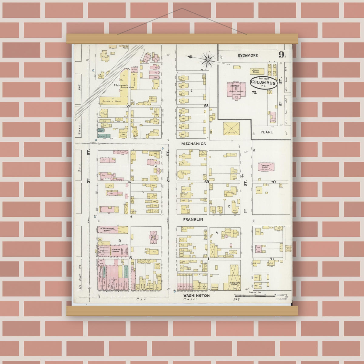 Old map wall art mockup — magnetic wood frame on brick wall — Sanborn Fire Insurance Map from Columbus, Bartholomew County, Indiana (1890), Sheet #0009
