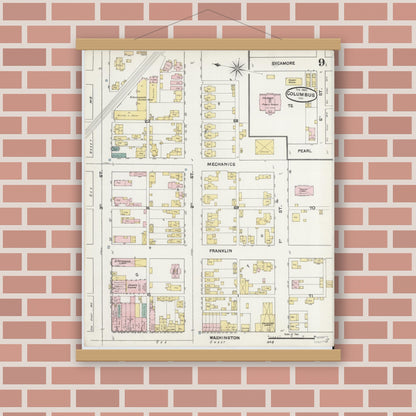 Old map wall art mockup — magnetic wood frame on brick wall — Sanborn Fire Insurance Map from Columbus, Bartholomew County, Indiana (1890), Sheet #0009