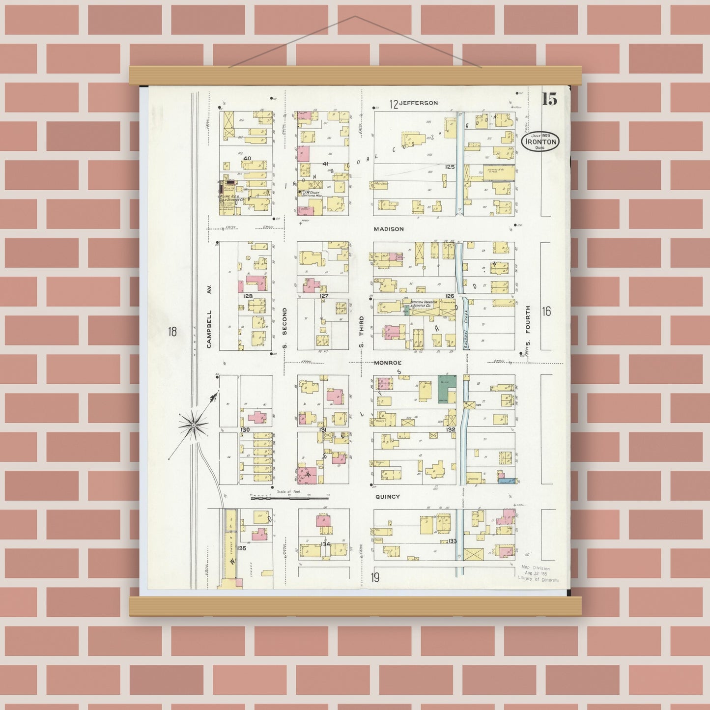 Old map wall art mockup — magnetic wood frame on brick wall — Sanborn Fire Insurance Map from Ironton, Lawrence County, Ohio (1909), Sheet #0015