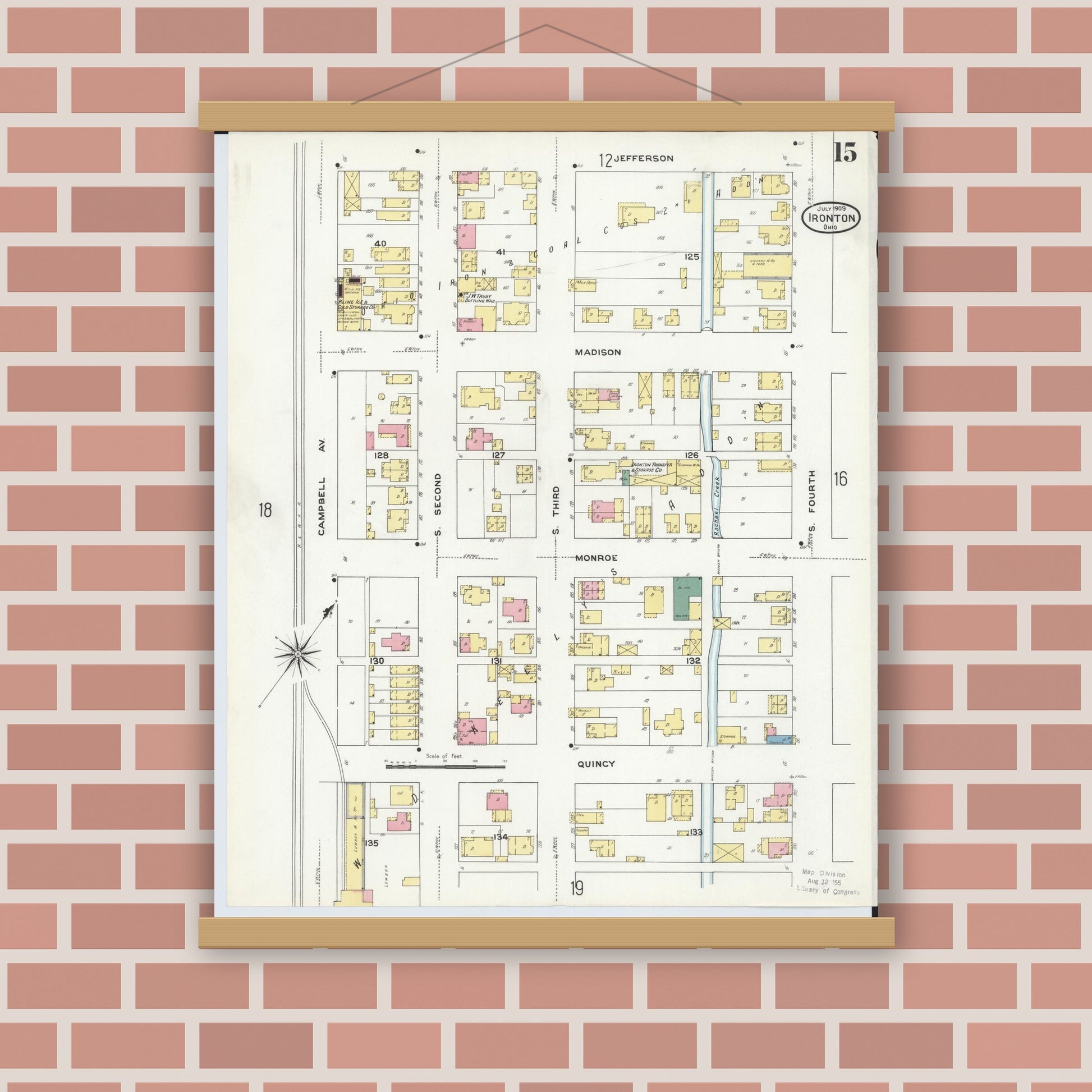 Old map wall art mockup — magnetic wood frame on brick wall — Sanborn Fire Insurance Map from Ironton, Lawrence County, Ohio (1909), Sheet #0015