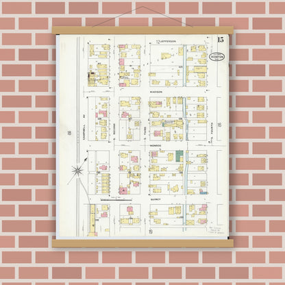 Old map wall art mockup — magnetic wood frame on brick wall — Sanborn Fire Insurance Map from Ironton, Lawrence County, Ohio (1909), Sheet #0015