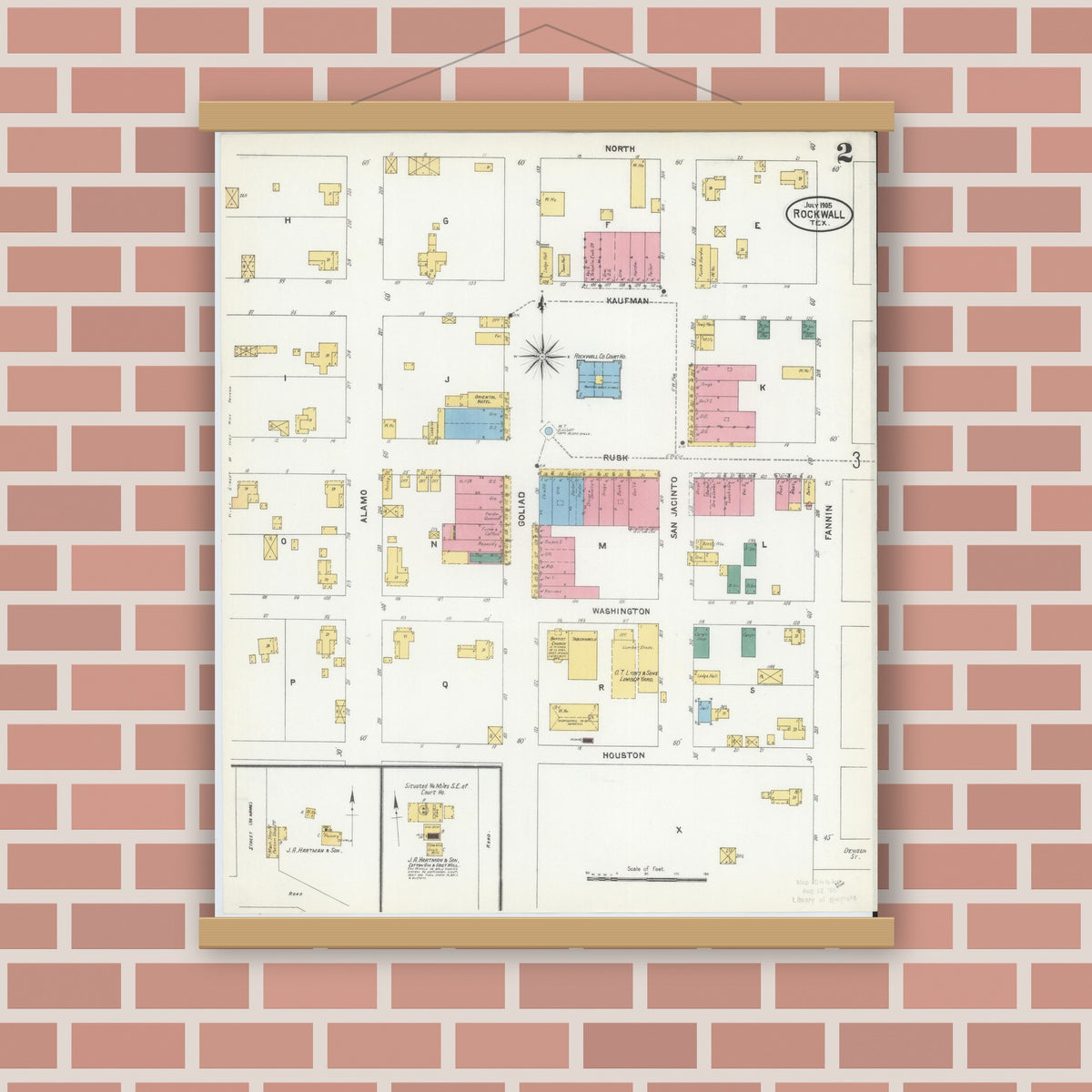 Old map wall art mockup — magnetic wood frame on brick wall — Sanborn Fire Insurance Map from Rockwall, Rockwall County, Texas (1905), Sheet #0002
