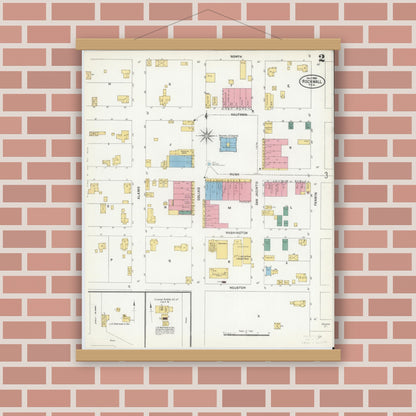 Old map wall art mockup — magnetic wood frame on brick wall — Sanborn Fire Insurance Map from Rockwall, Rockwall County, Texas (1905), Sheet #0002